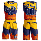 Custom Gold Navy Orange-White Brush Stroke Paint Splash Round Neck Sublimation Basketball Uniform Jersey