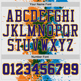 Custom White Dark Purple Orange Green Blue-Gold Paint Splatter Round Neck Sublimation Basketball Uniform Jersey