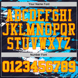 Custom Blue Gold-Orange Brush Stroke Paint Splash Round Neck Sublimation Basketball Uniform Jersey