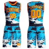 Custom Blue Gold-Orange Brush Stroke Paint Splash Round Neck Sublimation Basketball Uniform Jersey