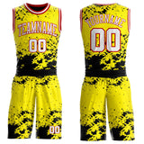 Custom Light Yellow White Black-Red Paint Splatter Round Neck Sublimation Basketball Uniform Jersey