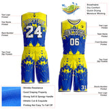 Custom Light Yellow White Thunder Blue-Black Paint Splatter Round Neck Sublimation Basketball Uniform Jersey