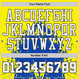 Custom Light Yellow White Thunder Blue-Black Paint Splatter Round Neck Sublimation Basketball Uniform Jersey