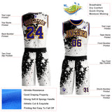 Custom White Dark Purple Black-Gold Paint Splatter Round Neck Sublimation Basketball Uniform Jersey
