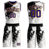 Custom White Dark Purple Black-Gold Paint Splatter Round Neck Sublimation Basketball Uniform Jersey