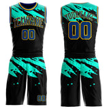Custom Black US Navy Blue Ice Blue-Yellow Brush Stroke Paint Splash Round Neck Sublimation Basketball Uniform Jersey