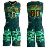 Custom Green Black-Gold Grunge Paint Splatter Brush Stroke Round Neck Sublimation Basketball Uniform Jersey