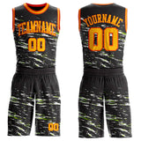 Custom Black Gold Neon Green-Orange Vintage Brush Stroke Round Neck Sublimation Basketball Uniform Jersey