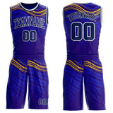 Custom Blue Navy Yellow-White Speed Wave Round Neck Sublimation Basketball Uniform Jersey