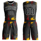Custom Black Red Gold-White Vintage Brush Stroke Round Neck Sublimation Basketball Uniform Jersey