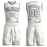 Custom White Yellow-Black Vintage Brush Stroke Round Neck Sublimation Basketball Uniform Jersey
