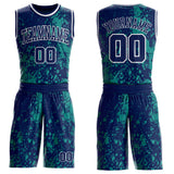 Custom Navy Green-White Grunge Paint Splatter Brush Stroke Round Neck Sublimation Basketball Uniform Jersey