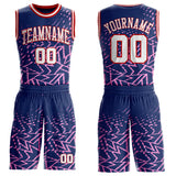Custom Navy White Pink-Red Abstract Geometric Lines Round Neck Sublimation Basketball Uniform Jersey