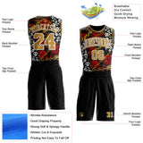 Custom Black Old Gold-White Gothic Skulls And Roses Round Neck Sublimation Basketball Uniform Jersey
