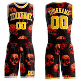 Custom Black Yellow-White Distressed Skulls Round Neck Sublimation Basketball Uniform Jersey