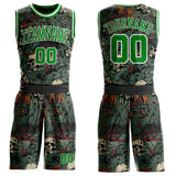 Custom Black Grass Green-White Distressed Skulls Round Neck Sublimation Basketball Uniform Jersey