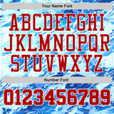 Custom Blue Red-White Detroit Silhouette Splatter Round Neck Sublimation Basketball Uniform Jersey
