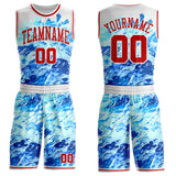 Custom Blue Red-White Detroit Silhouette Splatter Round Neck Sublimation Basketball Uniform Jersey