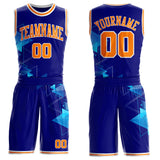 Custom Blue Bay Orange-White Geometric Tech Round Neck Sublimation Basketball Uniform Jersey