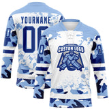 Custom Camo Royal Light Blue-White Splash Hockey Lace Neck Jersey