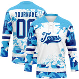 Custom Camo Royal Sky Blue-White Splash Hockey Lace Neck Jersey