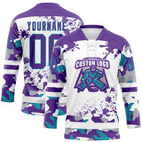 Custom Camo Purple Teal-White Splash Hockey Lace Neck Jersey