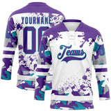 Custom Camo Purple Teal-White Splash Hockey Lace Neck Jersey