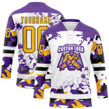 Custom Camo Gold Purple Black-White Splash Hockey Lace Neck Jersey
