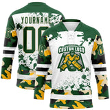 Custom Camo Green Black Cream-White Splash Hockey Lace Neck Jersey