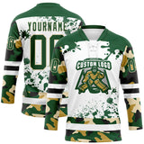 Custom Camo Green Black Cream-White Splash Hockey Lace Neck Jersey