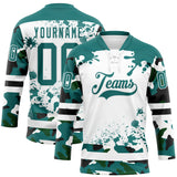 Custom Camo Teal Black-White Splash Hockey Lace Neck Jersey