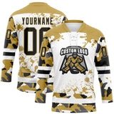 Custom Camo Black Old Gold-White Splash Hockey Lace Neck Jersey