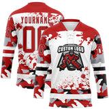 Custom Camo Red Black Gray-White Splash Hockey Lace Neck Jersey