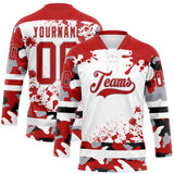 Custom Camo Red Black Gray-White Splash Hockey Lace Neck Jersey