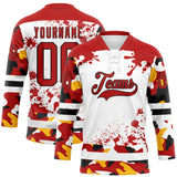 Custom Camo Red Black-White Splash Hockey Lace Neck Jersey