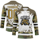 Custom Camo Old Gold Olive Black-White Splash Hockey Lace Neck Jersey