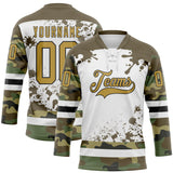 Custom Camo Old Gold Olive Black-White Splash Hockey Lace Neck Jersey