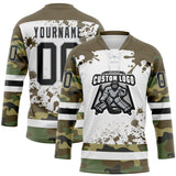 Custom Camo Black Olive Gray-White Splash Hockey Lace Neck Jersey