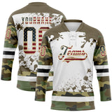 Custom Camo Vintage USA Flag Olive Black Cream-White Splash Hockey Lace Neck Jersey