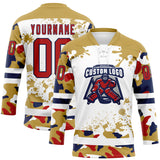 Custom Camo Red Old Gold Navy-White Splash Hockey Lace Neck Jersey