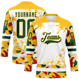 Custom Camo Green Gold-White Splash Hockey Lace Neck Jersey