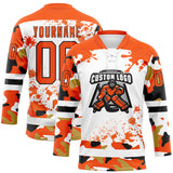 Custom Camo Orange Black-White Splash Hockey Lace Neck Jersey