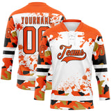 Custom Camo Orange Black-White Splash Hockey Lace Neck Jersey