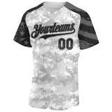 Custom Camo USA Flag Black-Steel Gray Stars & Stripes Raglan Sleeves Salute To Service Authentic Baseball Jersey