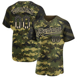 Custom Camo USA Flag Black City Cream-Olive Stars & Stripes Raglan Sleeves Salute To Service Authentic Baseball Jersey