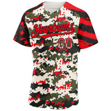 Custom Camo USA Flag Black-Fire Red Stars & Stripes Raglan Sleeves Salute To Service Authentic Baseball Jersey