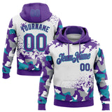 Custom Stitched Camo Purple White-Teal Paint Splatter Salute To Service Pullover Sweatshirt Hoodie