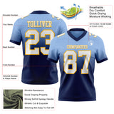 Custom Light Blue White Navy-Gold Authentic Fade Fashion Football Jersey