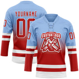 Custom Light Blue Red-White Fade Fashion Hockey Lace Neck Jersey