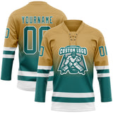 Custom Old Gold Teal-White Fade Fashion Hockey Lace Neck Jersey